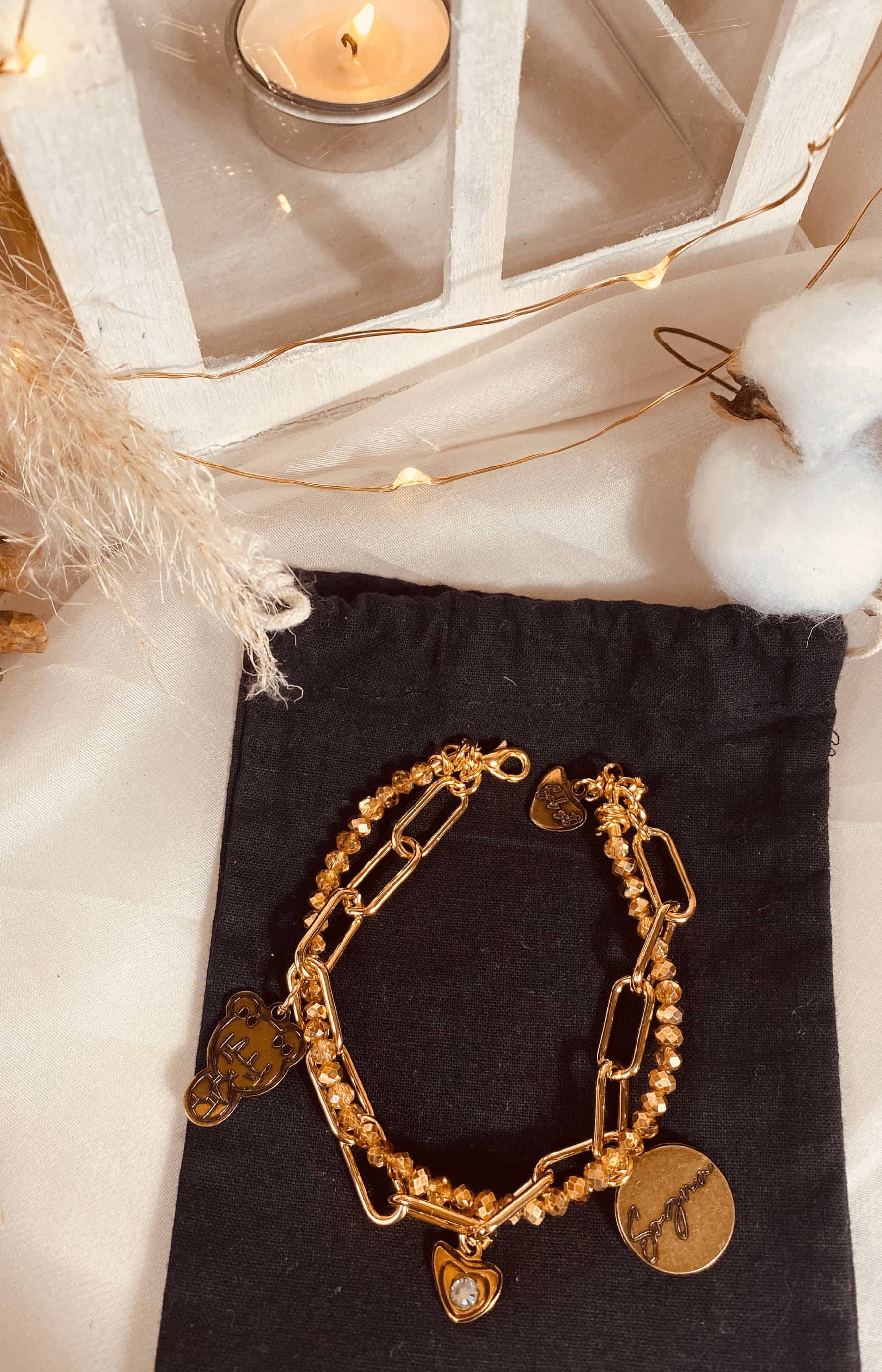 gold chain and gold crystals bracelet